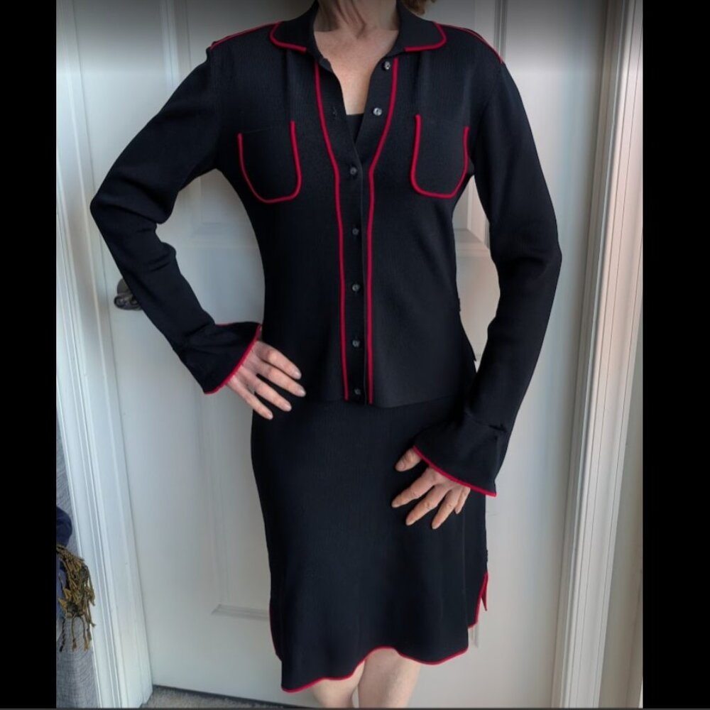 BCBG-MAXAZARIA two-piece knit dress/jacket combo.  Black with red trim